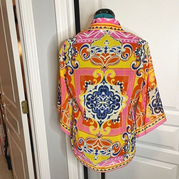 Carmen Marc Valvo Sheer See Thru Lightweight Kimono Paisley Boho Colorful Blouse - Picture 4 of 11